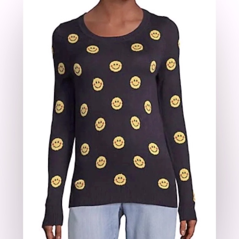 Saks Fifth Avenue Smiley Face Pullover Sweater Navy Yellow Medium